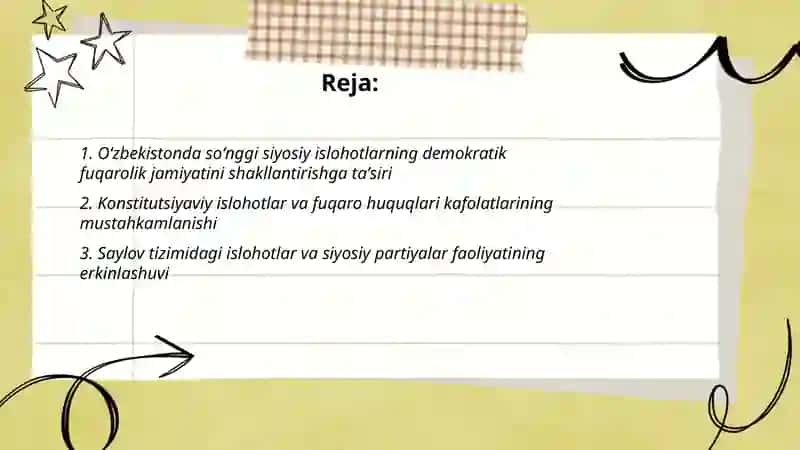 Oʻzbekistonda demokratik fuqarolik jamiyati asoslarining shakllanishi amalga oshirilgan siyosiy islohatlar 2