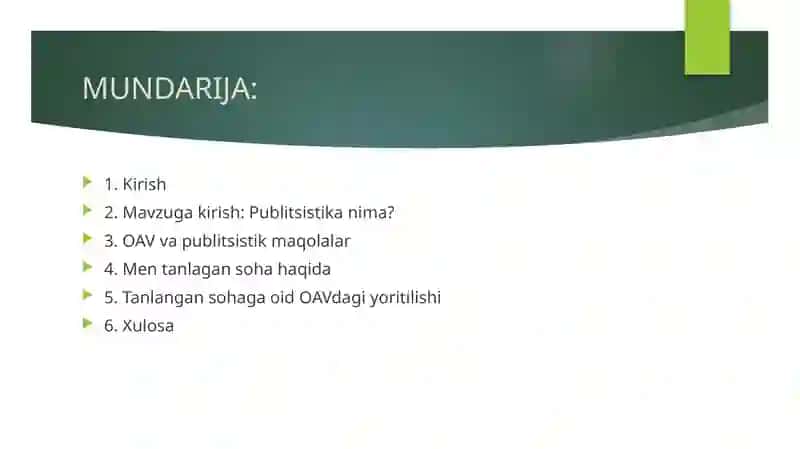 Publitsistik maqolalar bilan tanishish va tahlil qilish. Men tanlagan soha va OAV mavzusida esse yozish 2