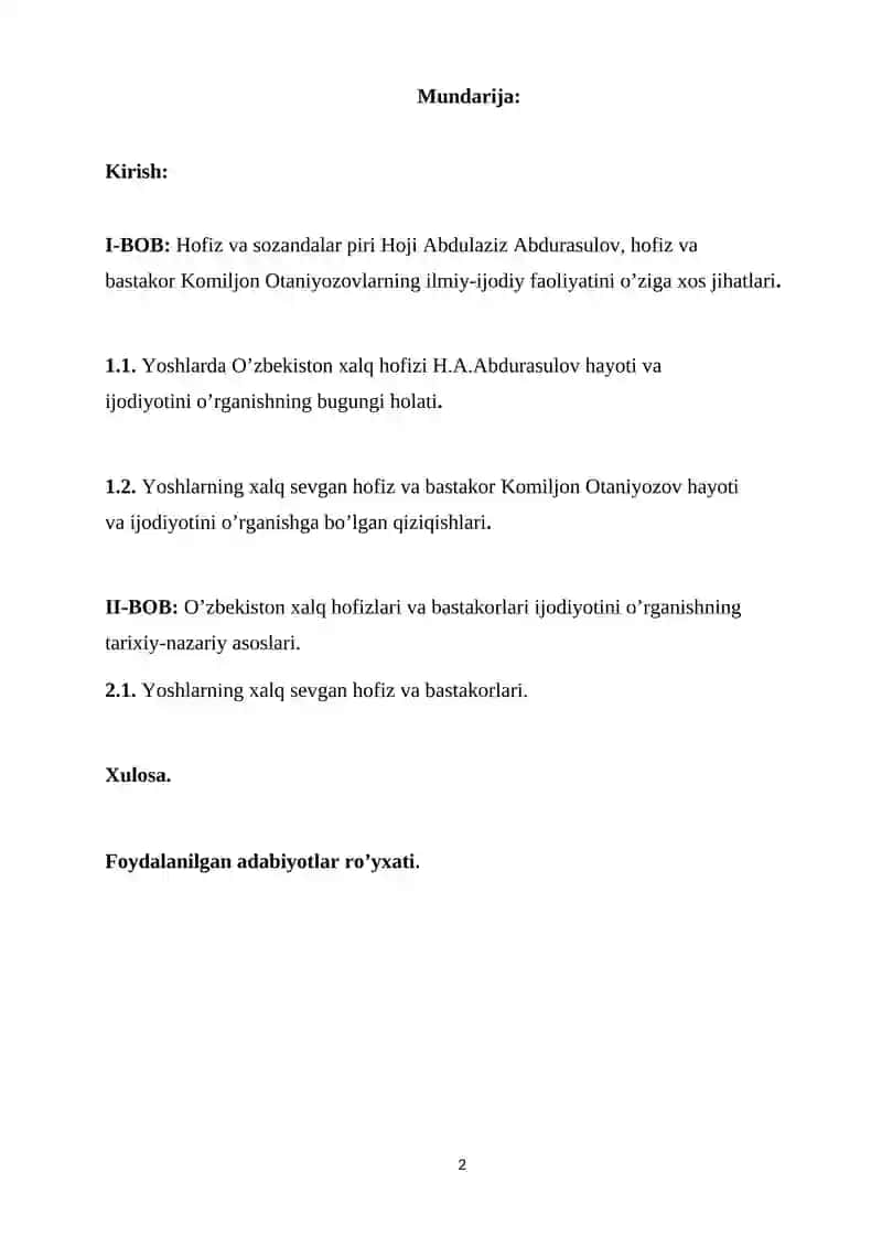 "Musiqa tarixi" fanidan "O’zbekiston xalq hofizlari va bastakorlari ijodiyotini o’rganish" mavzusida yozgan kurs ishi 2