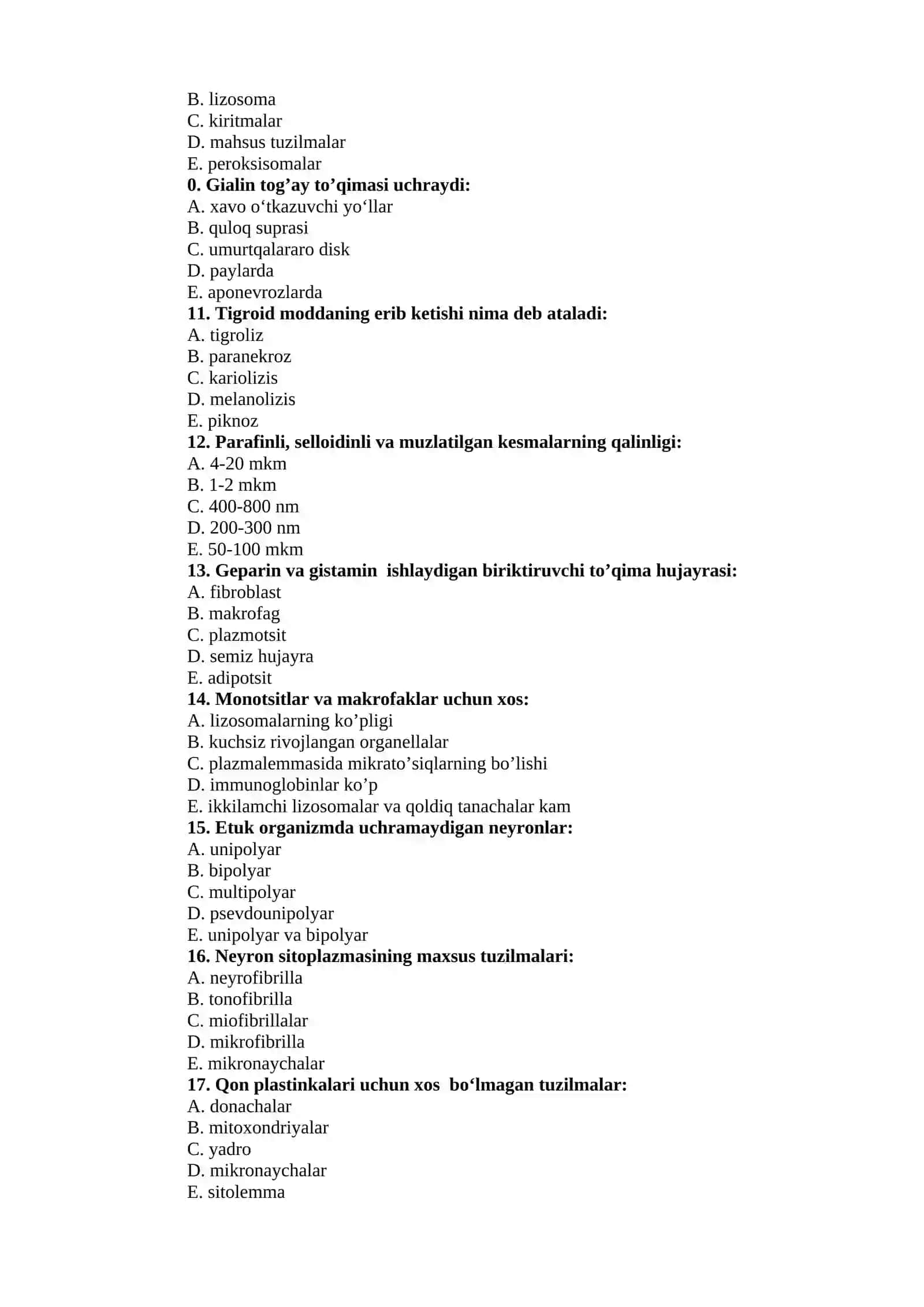 Bazofil strukturalar bo‘yicha test savollari 2