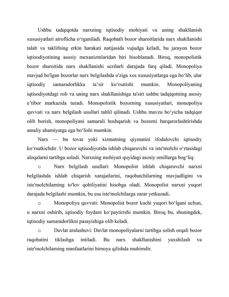 Narxning mohiyati va shakilanish xususyatlari va manopoliya 2