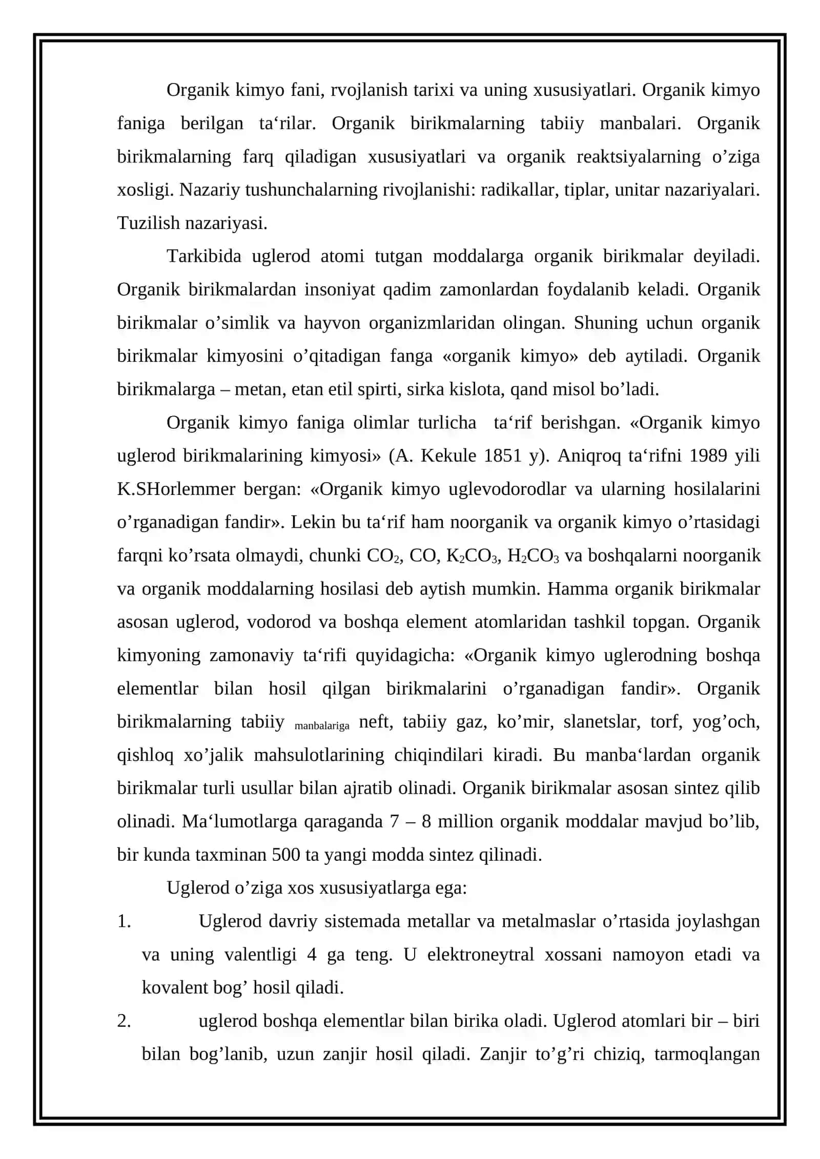 ORGANIK KIMYO FANI, UNING RIVOJLANISH TARIXI, MUSTAQIL FAN SIFATIDA AJRALIB CHIQISH SABABLARI 2