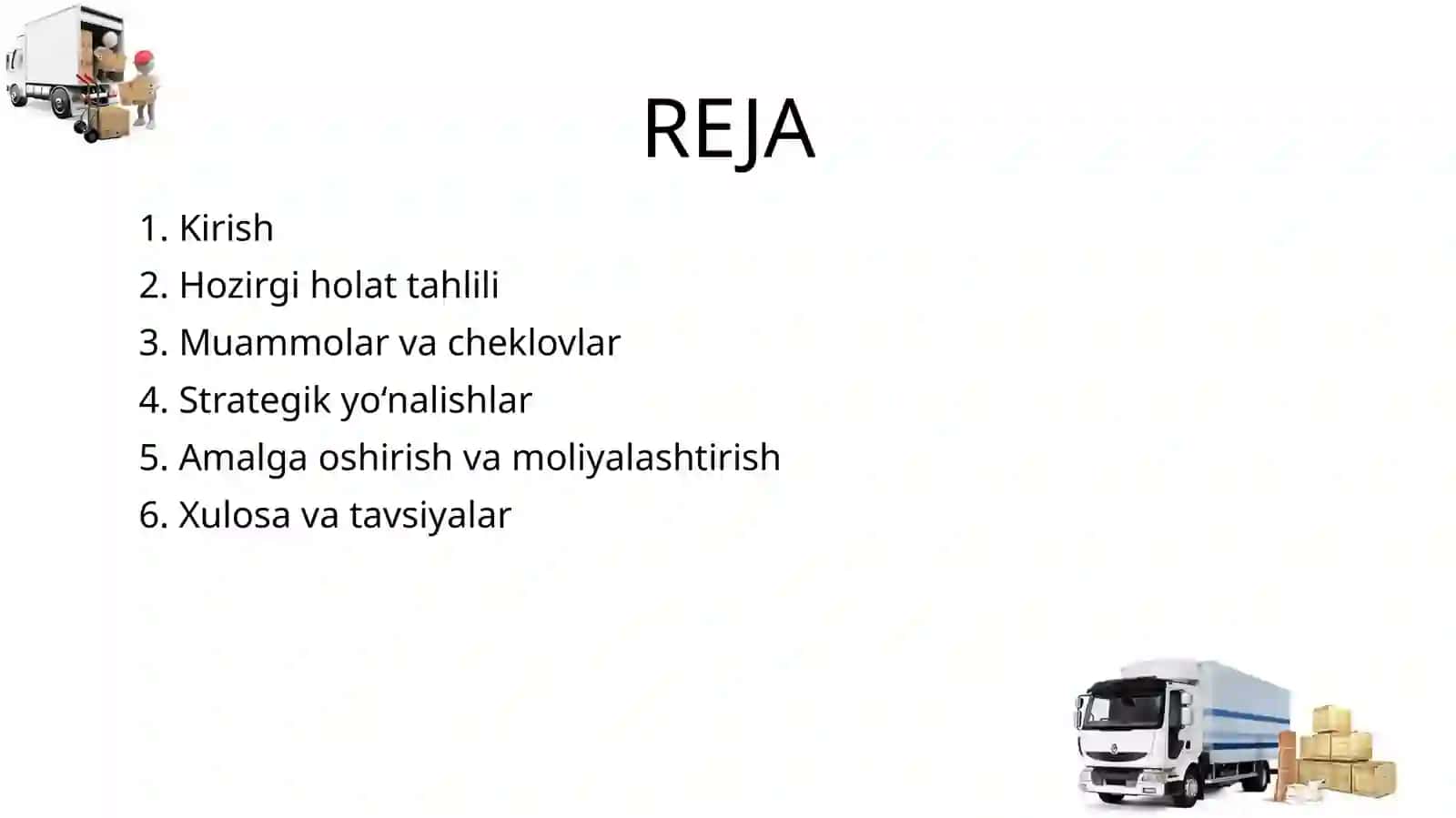 O'zbekiston Respublikasida yuk tashish tizimini rivojlantirish strategiyasi o`rganib chiqish 2