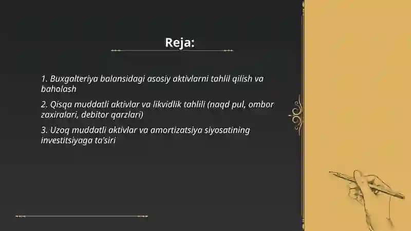 Investitsiya qo'yish maqsadida korxona buxgalteriya balansi elementlarini tahlil etish va baholash by Yuldasheva Nafisa 2