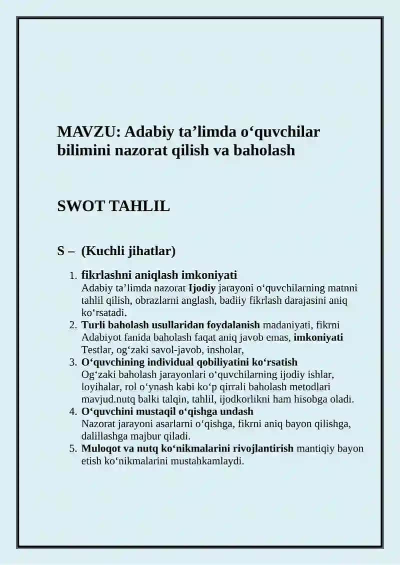 O'ZBEKM ADABITOTINI O'QITISH METODIKASI FANIDA BAJARGAN MUSTAQIL TA'LIM TOPSGIRIG'I 2