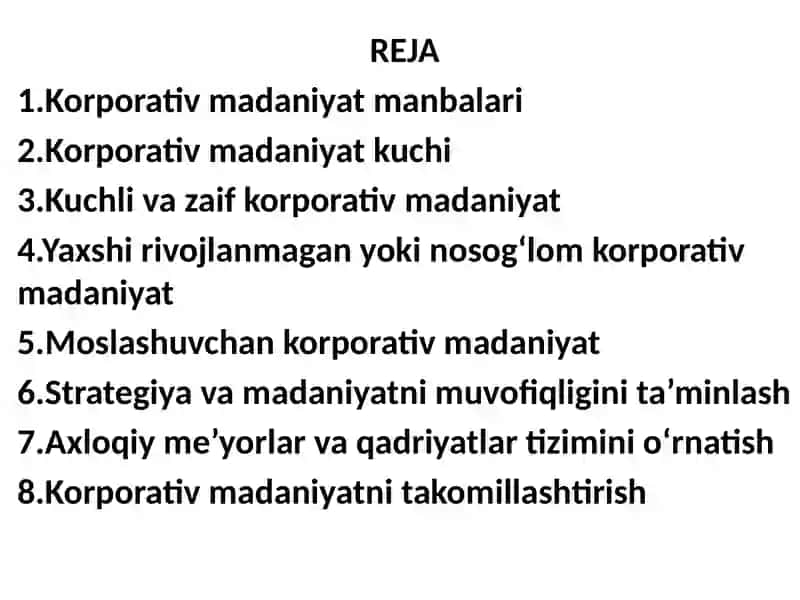Strategiyani quvvatlovchi korporativ madaniyat yaratish reja 2
