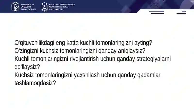 O‘z faoliyatini tahlil qilish va baholash – kasbiy rivojlanish asosi 2