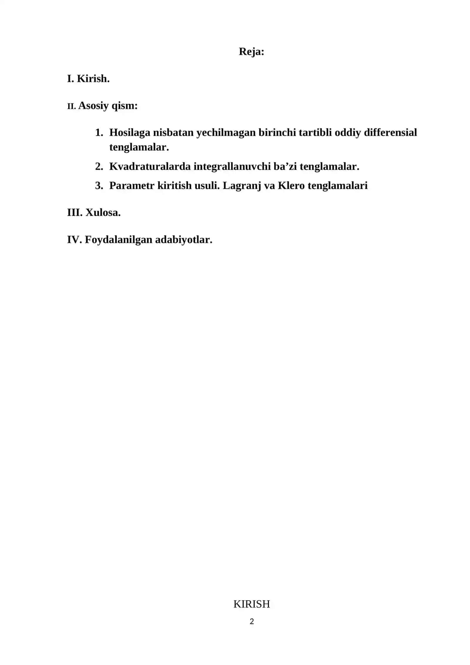 Oddiy differensial tenglamalar fanidan tayyorlagan KURS ISHI - Lagranj va Klero tenglamalari 2