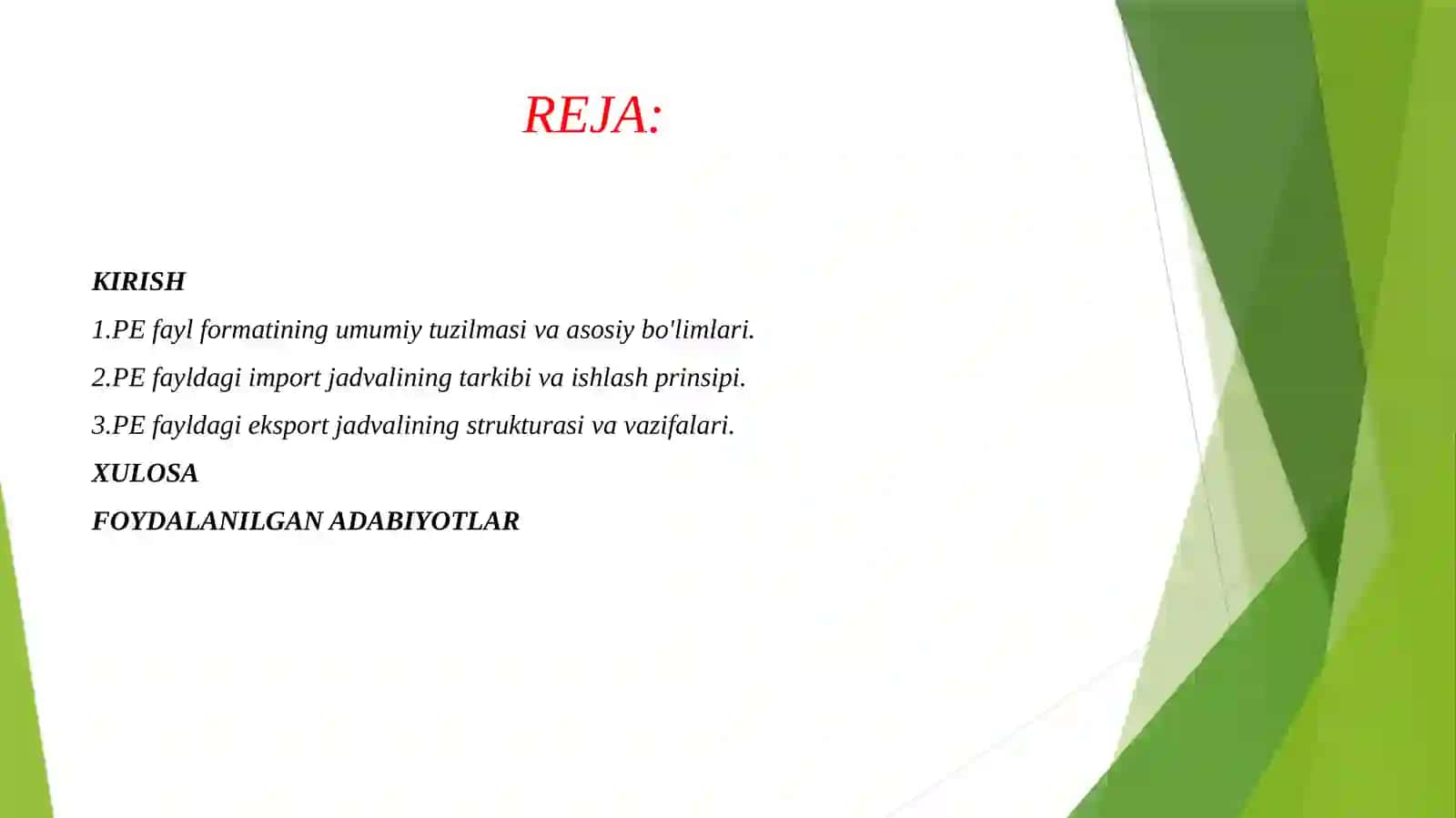 PE fayl formatidagi import va eksport jadvallari strukturasini batafsil tahlil qilish. 2