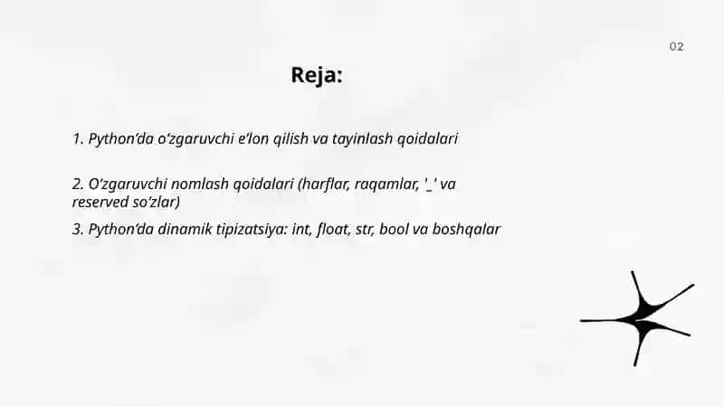 Python dasturlash tilida o‘zgaruvchi e’lon qilish, sikllar va funksiyalar 2