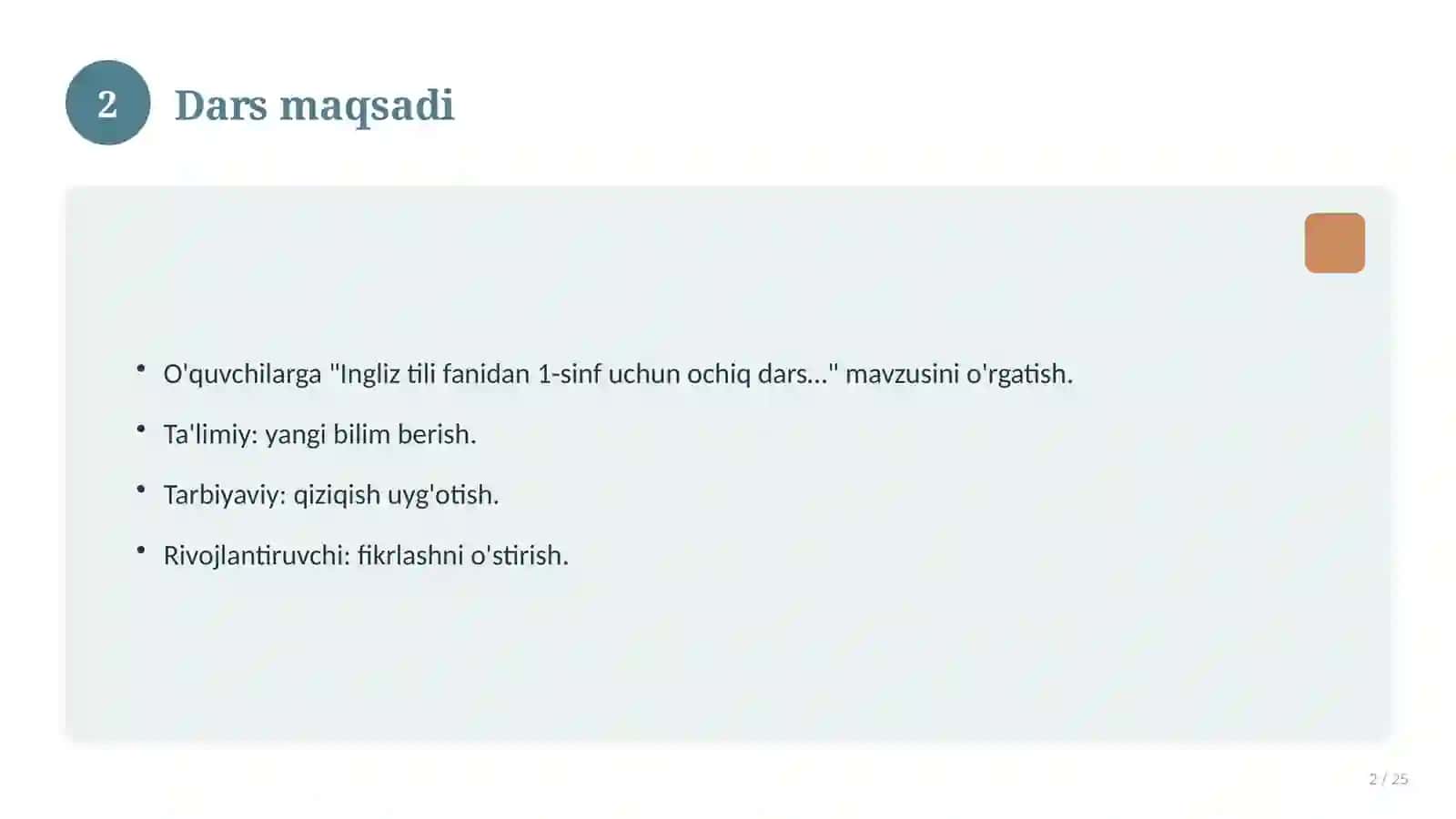 Ingliz tili fanidan 1-sinf uchun ochiq dars ishlanmasi 2