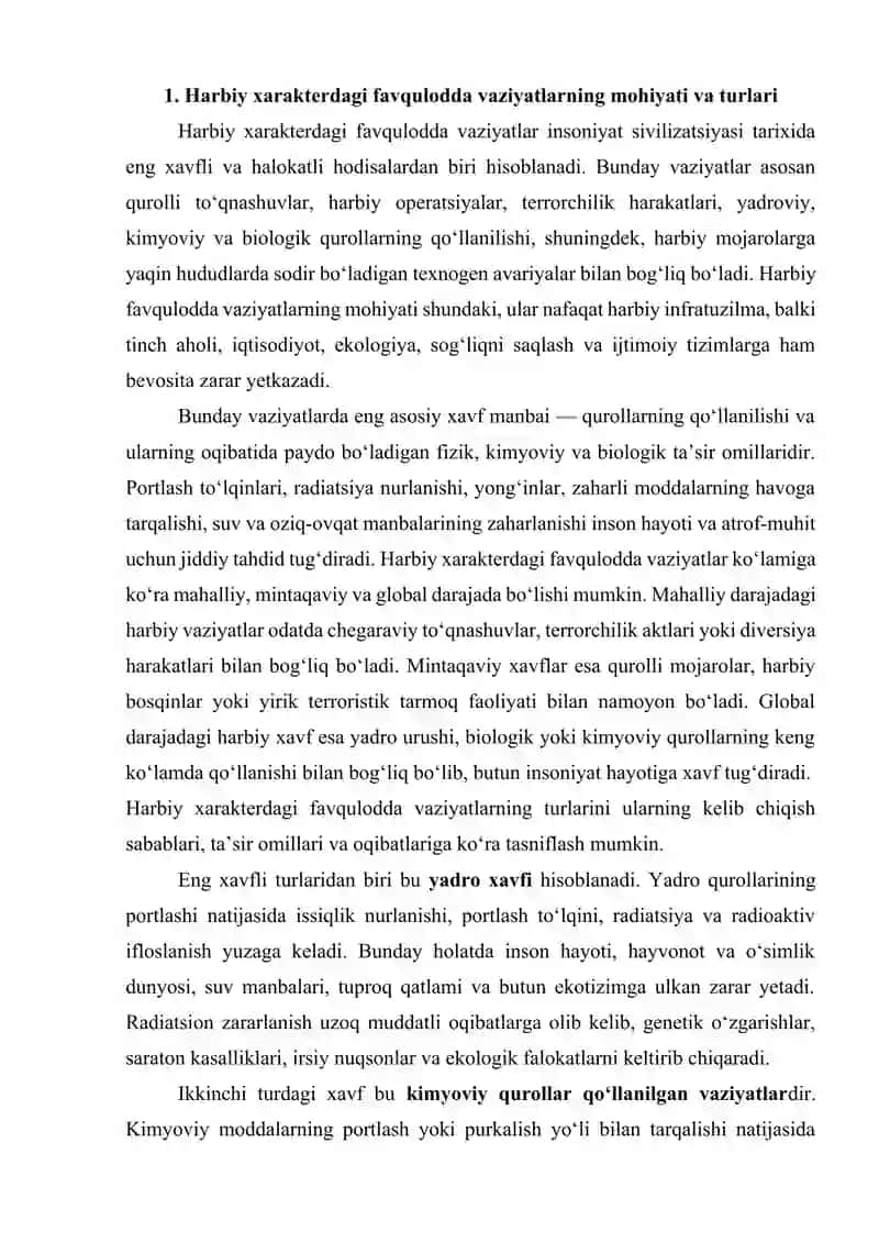 HARBIY XARAKTERDAGI FAVQULODDA VAZIYATLARDA AHOLI VA HUDUDLARNI HIMOYA QILISH 2