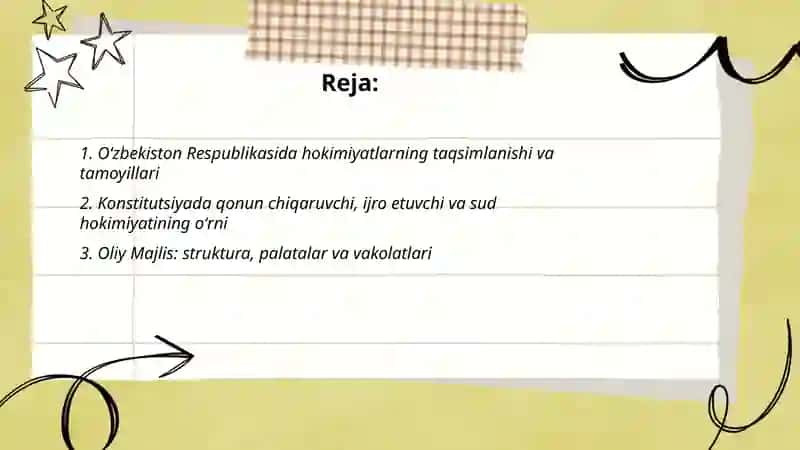 Oʻzbekiston Respublikasida hokimiyatlar tizimi (qonun chiqaruvchi, ijro etuvchi va sud hokimiyati) 2