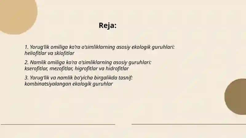 Yorugʻlik namlik faktorlariga kora osimliklarning ekologik guruhlari 2