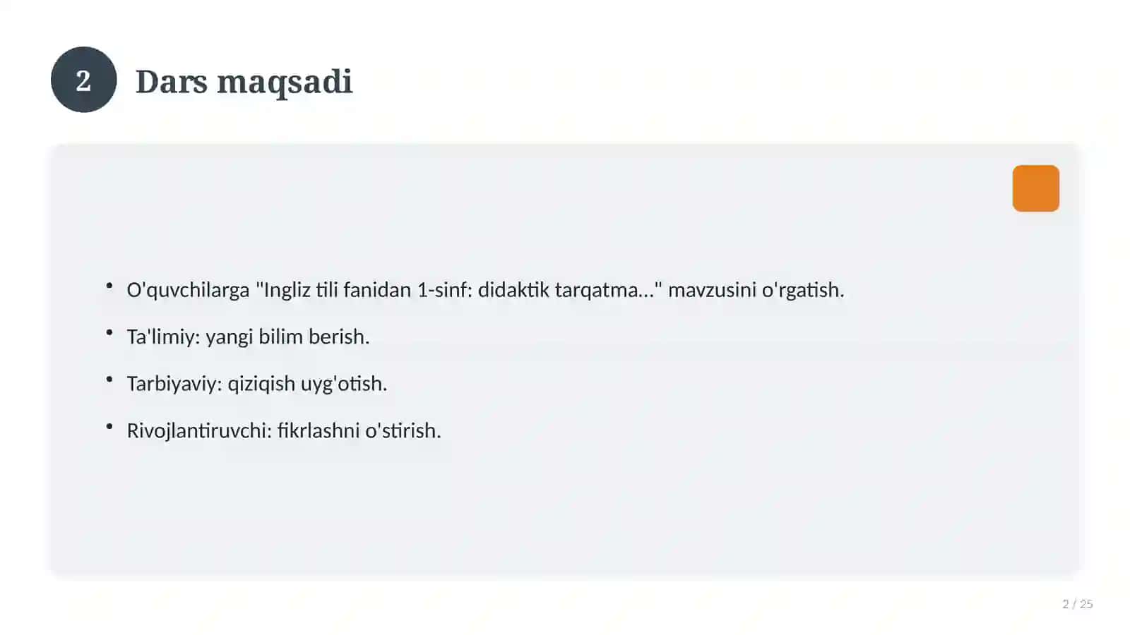 Ingliz tili fanidan 1-sinf: didaktik tarqatma materiallar 2