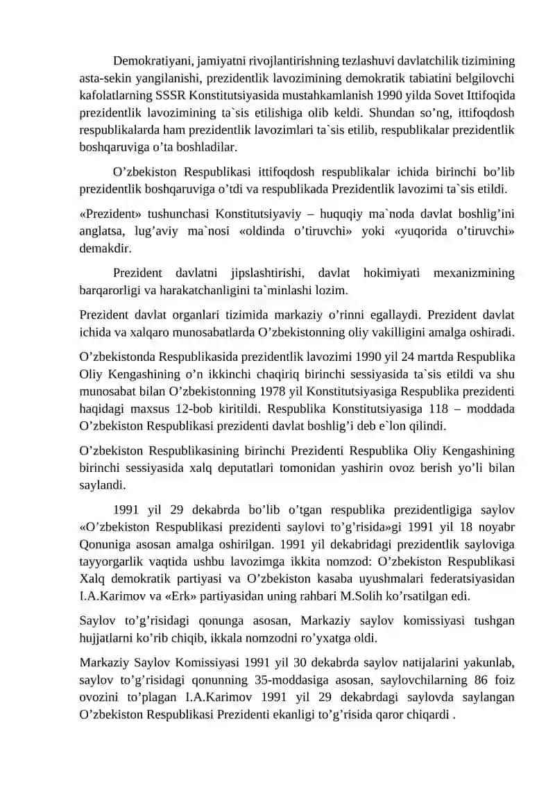 Prezidentlik lavozimining joriy etilishi 2