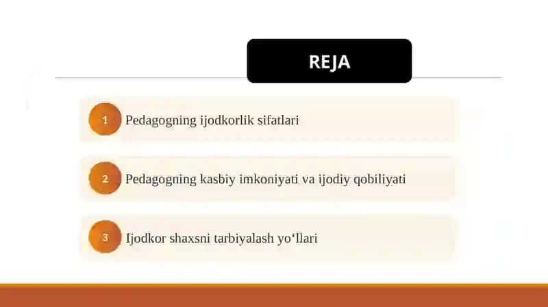 Pedagogning ijodkorlik sifatlari.Ijotkor shaxs kryativ shaxs kasbiy ijodiy faoliyat , kasbiy imkoniyati ijodiy qobilyat kabi ijotkor shaxsni tarbiyalash yo'llari. 2