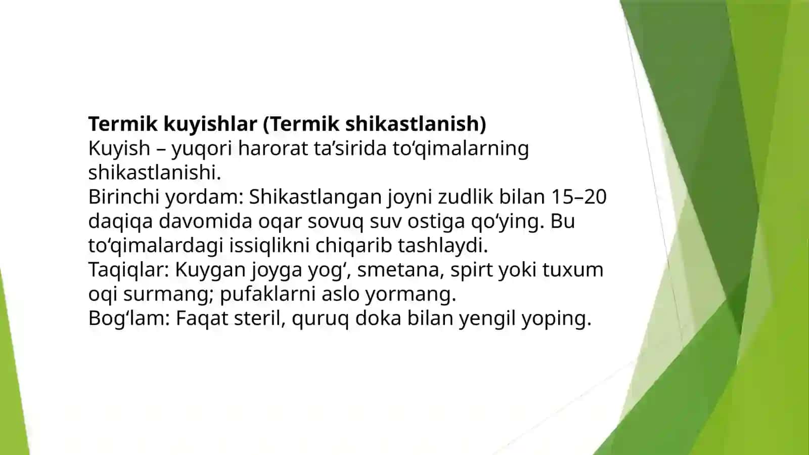 Birinchi Yordam: Kuyish, Sovuq Urishi va Bosh, Ko'krak Qafasi, Qorin Shikastlari | First Aid PPT 2