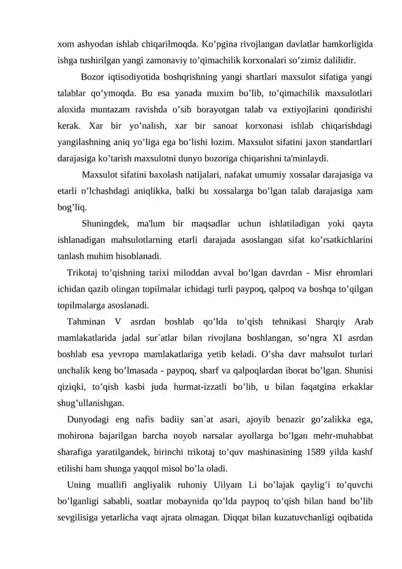 Sohaga kirish fanining mazmuni, predmeti va metodi. Sohaga kirish fanining maqsadi, vazifasi va dolzarbligi. O`zbekiston va jahon to`qimachilik sanoatining taraqqiyot bosqichlari 2