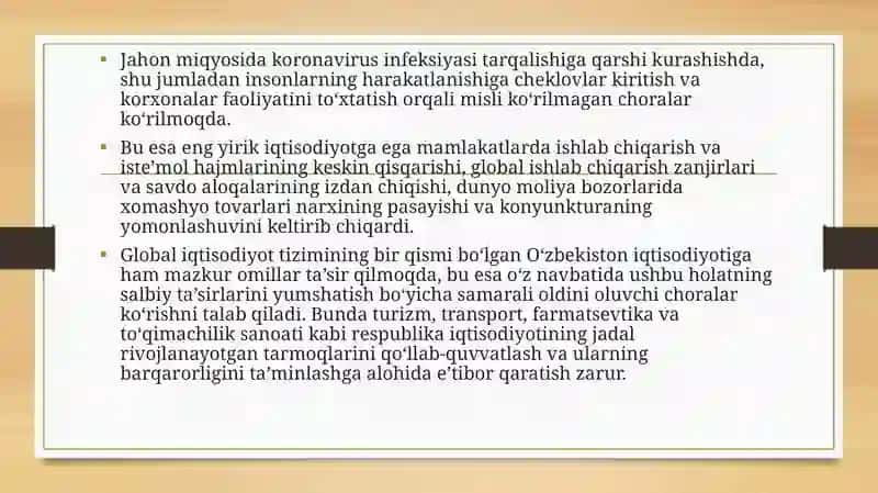KORONAVIRUS PANDEMIYASI VA GLOBAL INQIROZ HOLATLARINING IQTISODIYOT TARMOQLARIGA SALBIY TA’SIRINI YUMSHATISH BO‘YICHA BIRINCHI NAVBATDAGI CHORA-TADBIRLAR TO‘G‘RISIDA 2