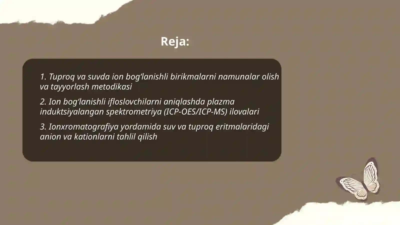 Tuproq suvning ifloslanishida ion bogʻlanishli birikmalarni aniqlab ulardan tozalash gʻoyasini ishlab chiqish 2