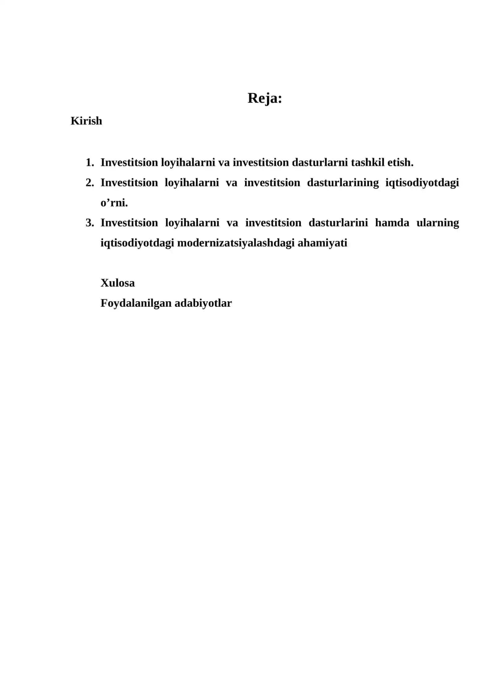 INVESTITSIYA LOYIHALARI VA INVESTITSIYA DASTURLARI HAMDA ULARNING IQTISODIYOTNI MODERNIZATSIYALASHDAGI O’RNI 2