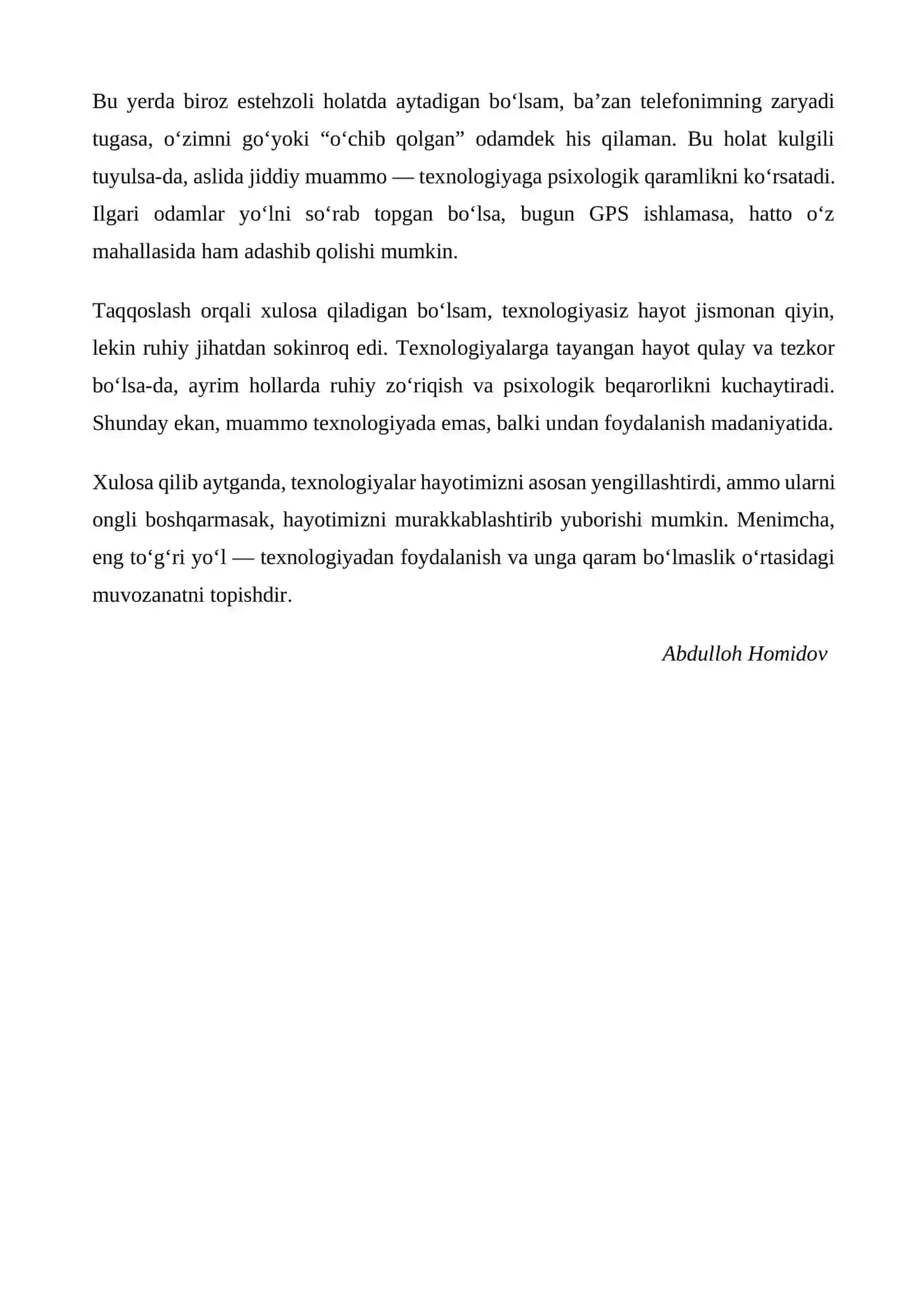 Texnologiyalar hayotimizni yengillashtirdimi yoki murakkablashtirdimi?       esse 2