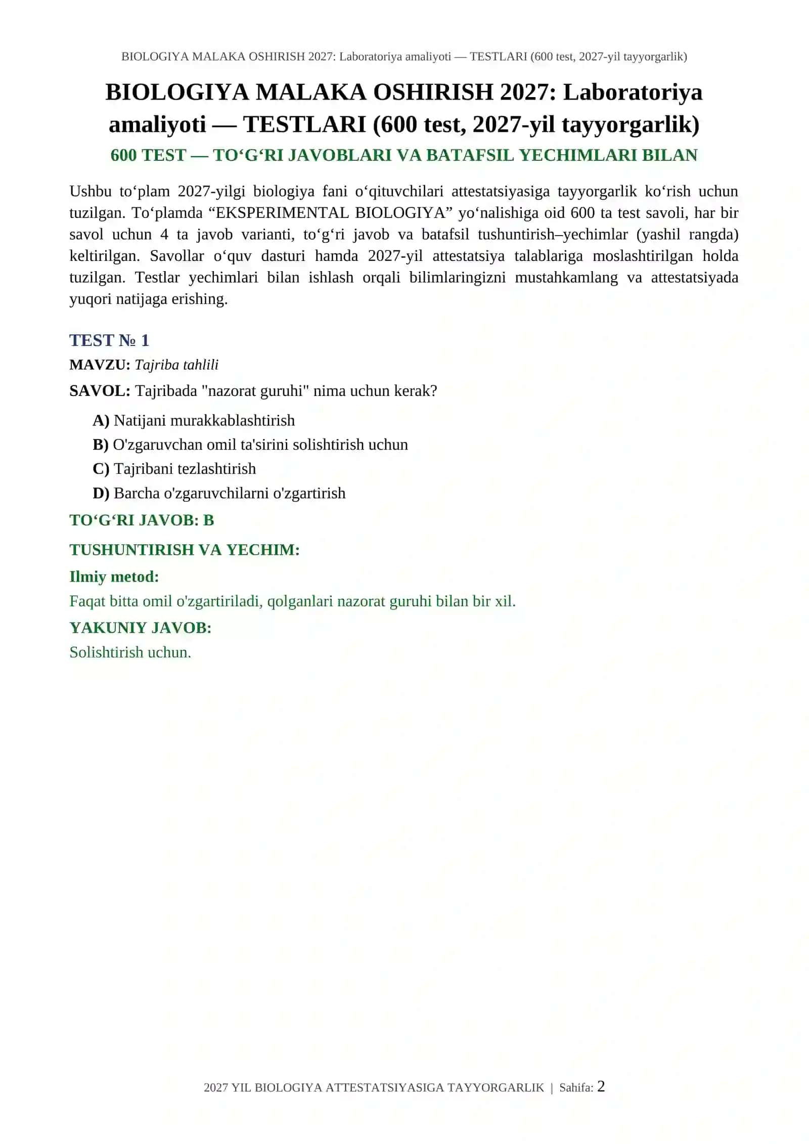 BIOLOGIYA MALAKA OSHIRISH 2027: Laboratoriya amaliyoti — TESTLARI (600 test, 2027-yil tayyorgarlik) 2