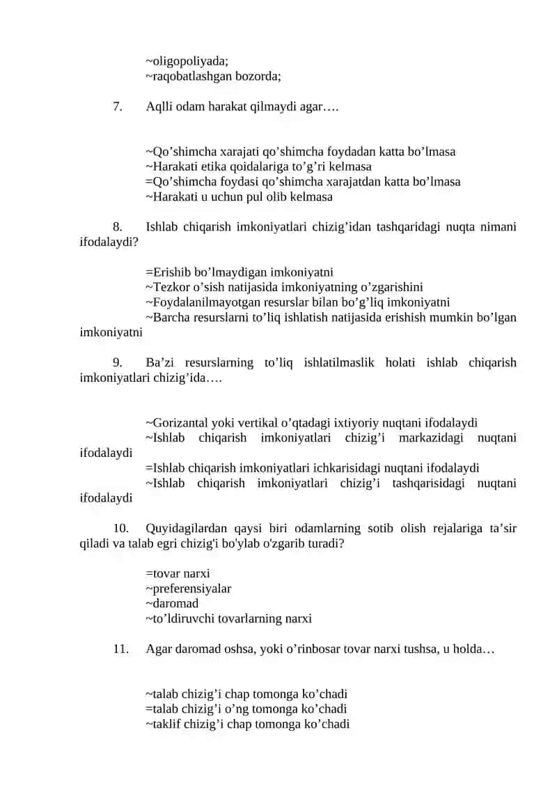 Mikroiqtisodiyot fanidan yakuniy nazorat savollari 2