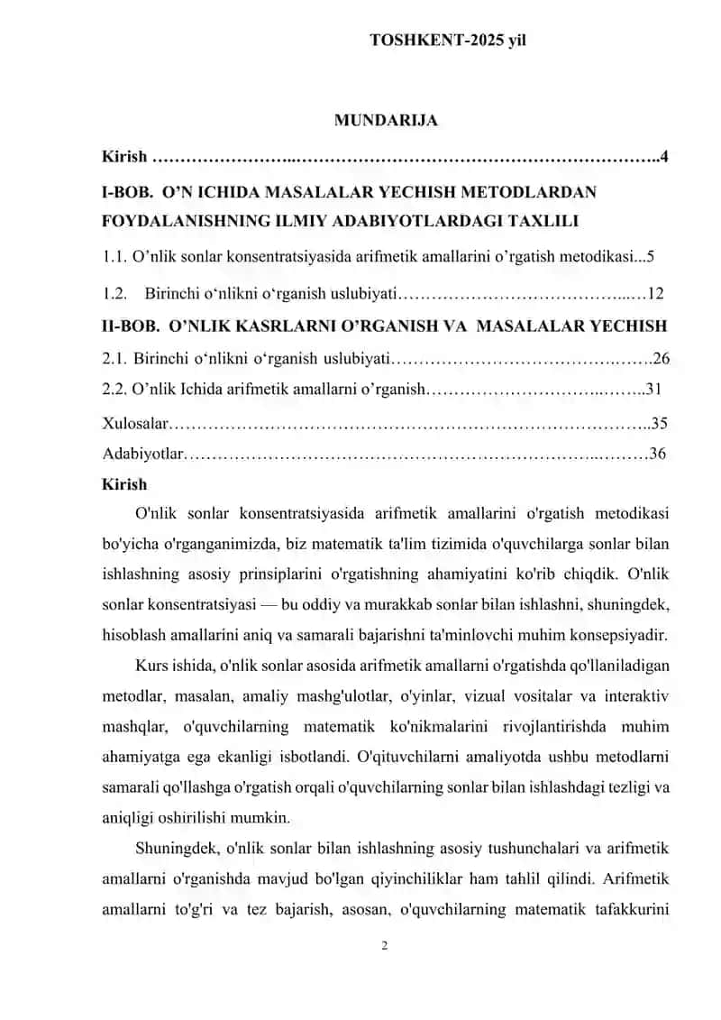O’n ichida arifmetik amallar bajarish metodlardan foydalanish 2