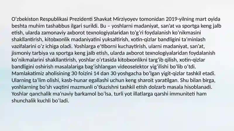 Besh tashabbus – ma’naviy barkamollik sari qadam. 2
