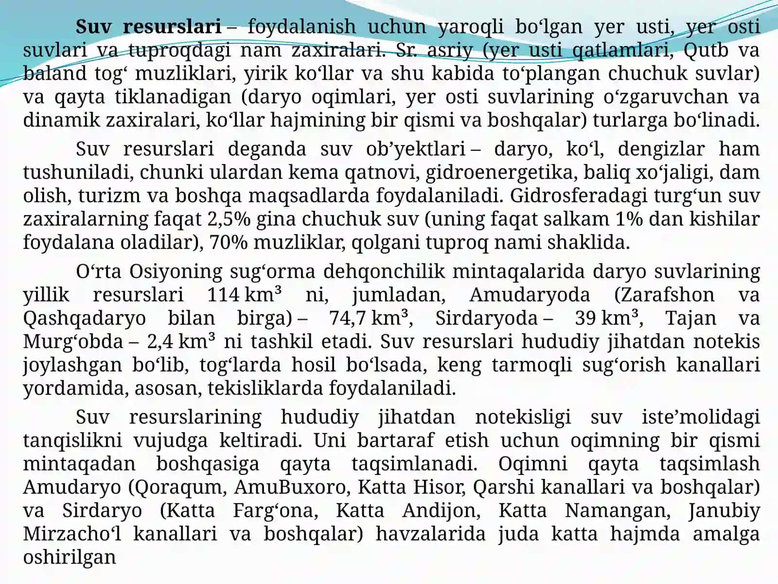 O’zbekiston Respublikasi suv resurslari, manbalari, tarkibi va ulardan foydalanish 2
