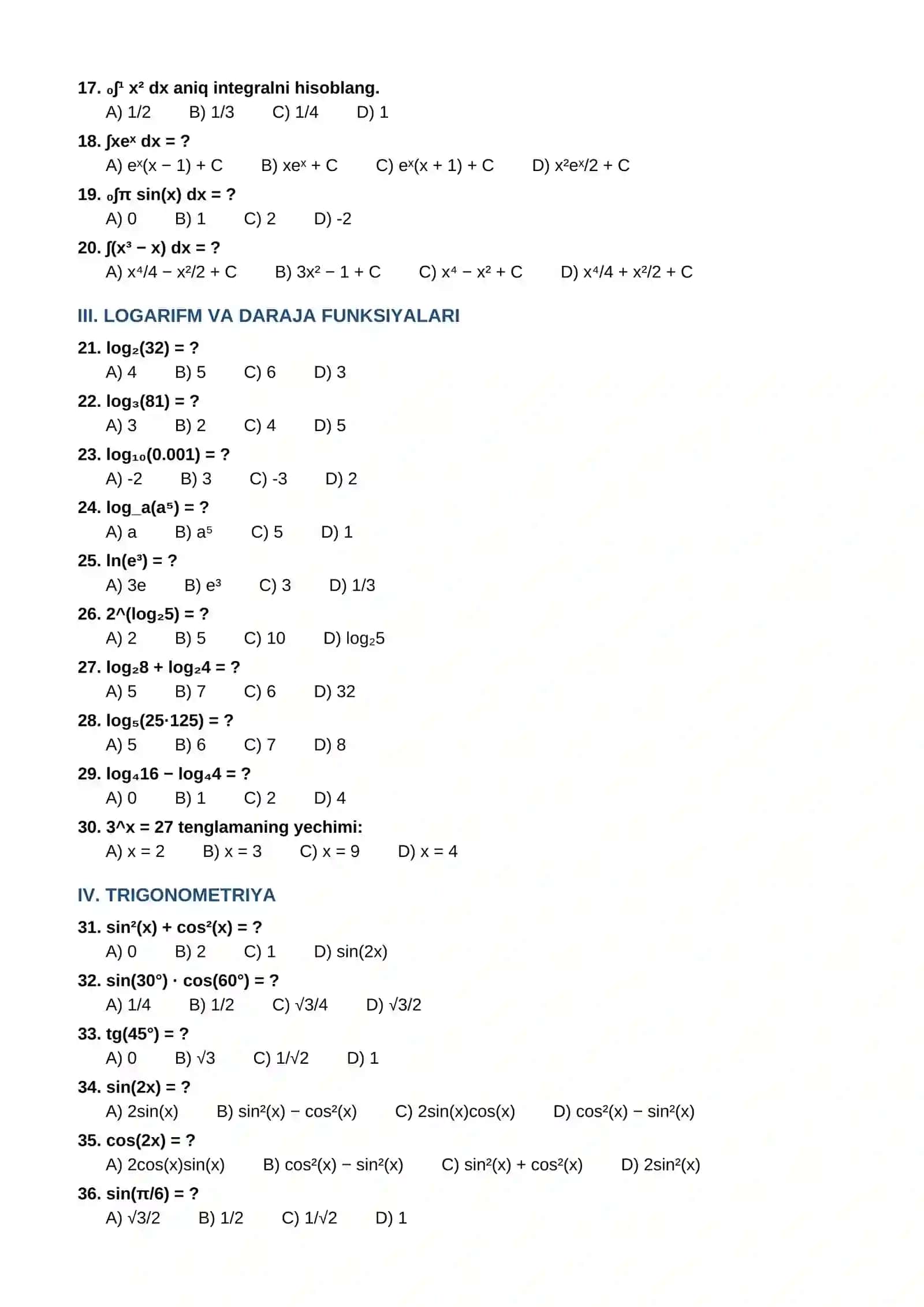 11-SINF MATEMATIKA FANIDAN TEST VARIANTLARI (100 ta savol) 2