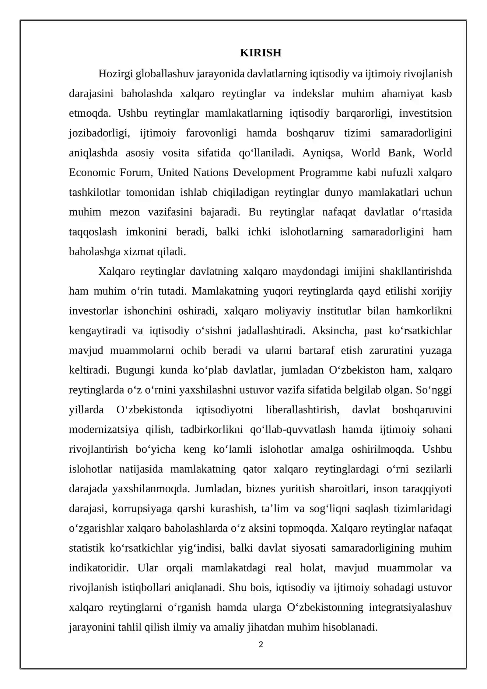 Iqtisodiy va ijtimoiy sohadagi ustuvor halqaro reytinglar va ularga O‘zbekistonning integrasiyalashuvi 2