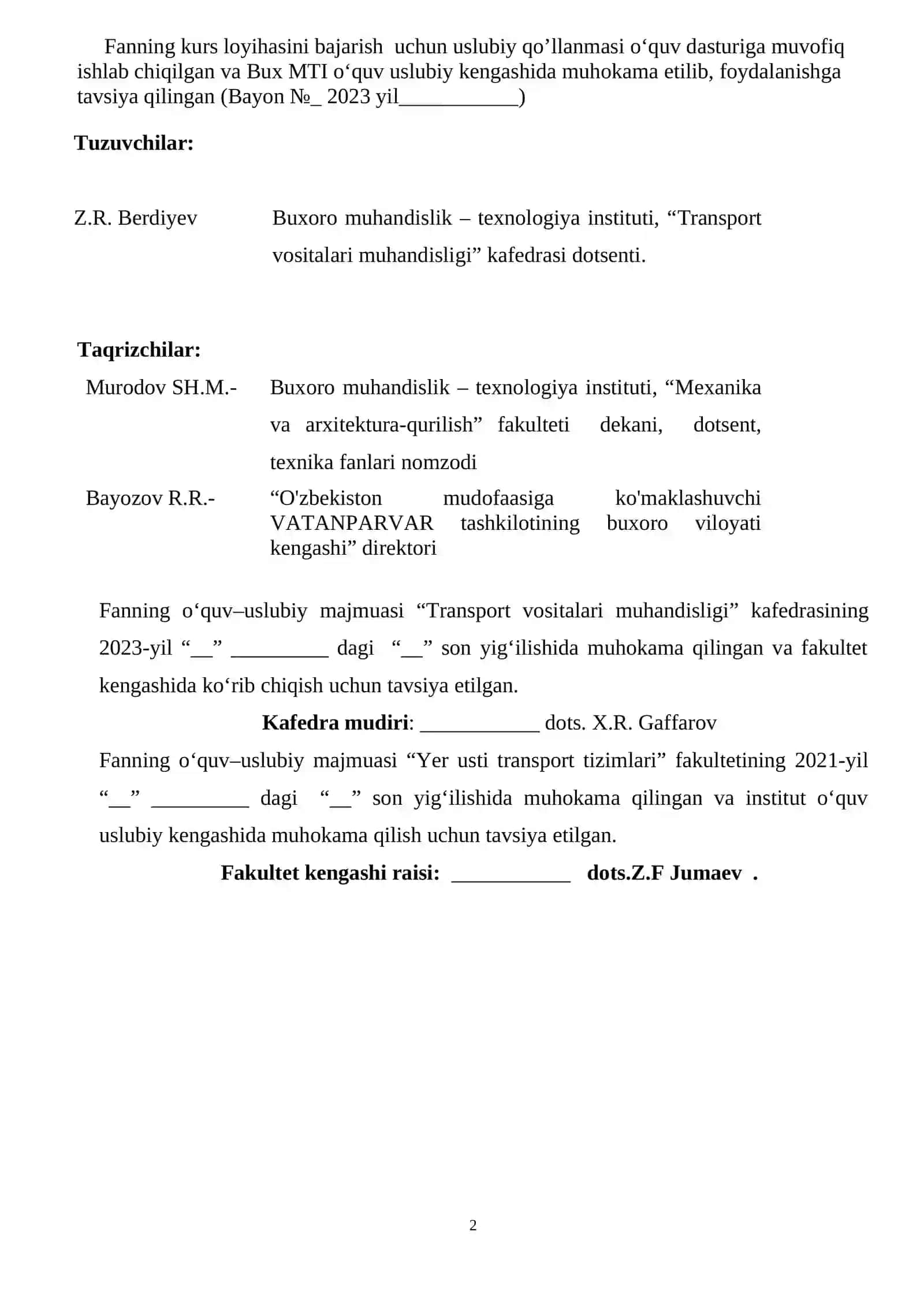 Transport vositalari konstruksiyasi fanidan kurs loyihasi 2