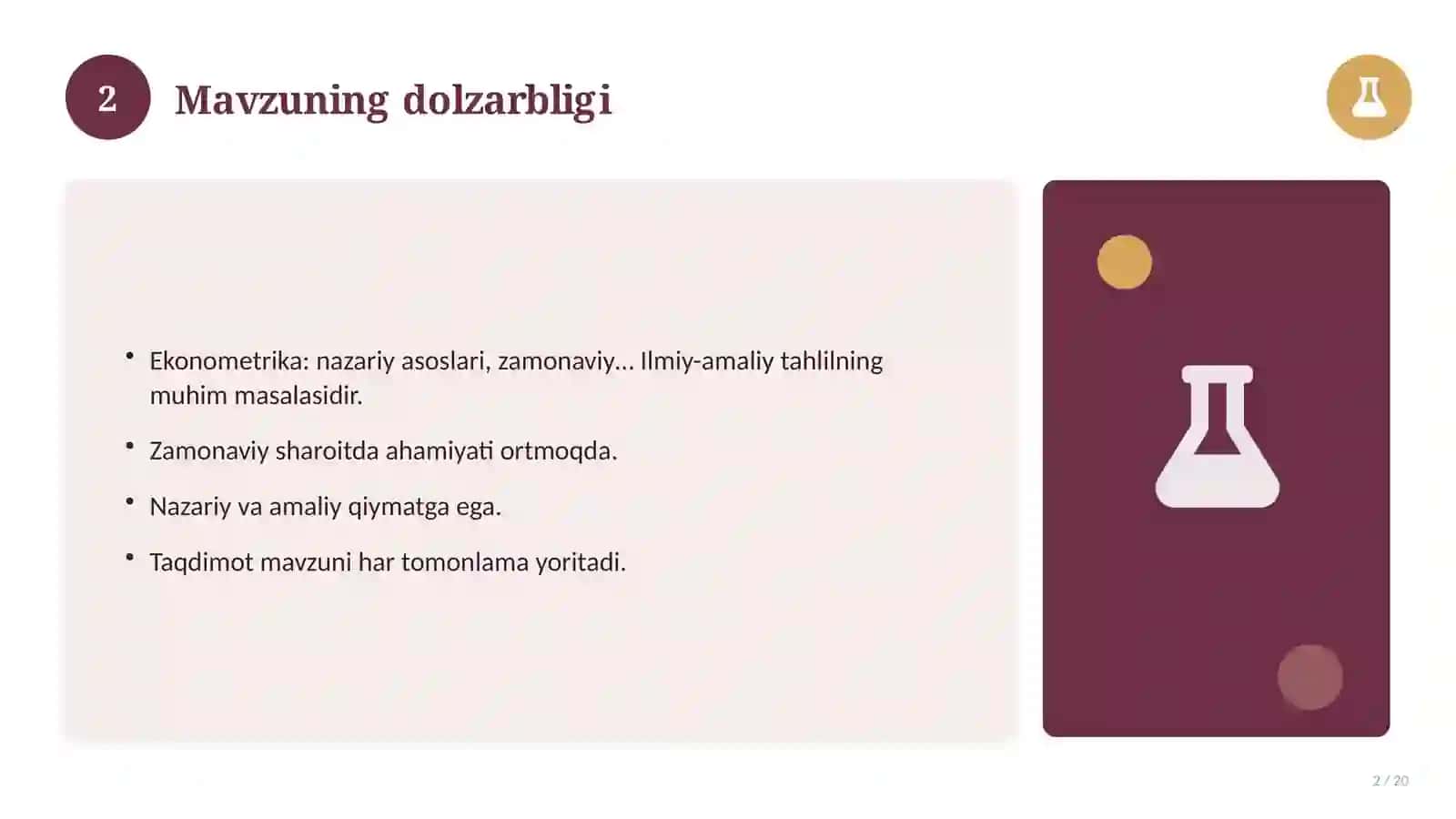 Ekonometrika: nazariy asoslari, zamonaviy yondashuvda (Magistrlik dissertatsiyasi mavzusi) 2