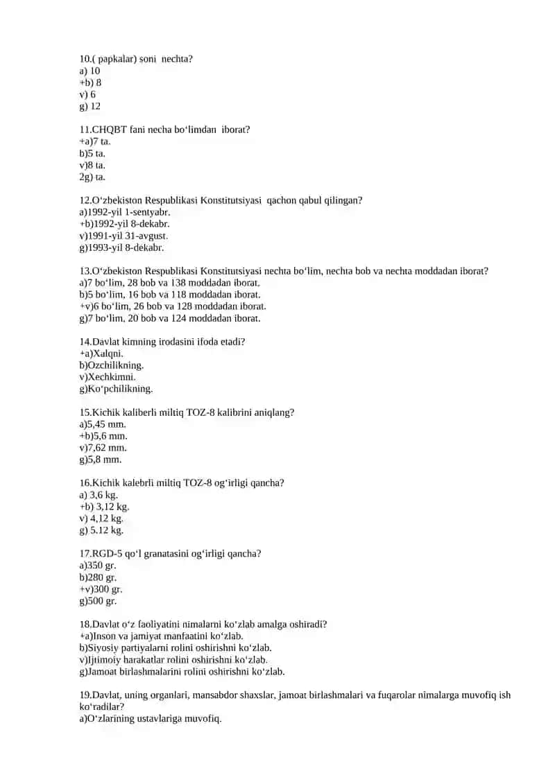 CHQBT fanidan test savollari 2