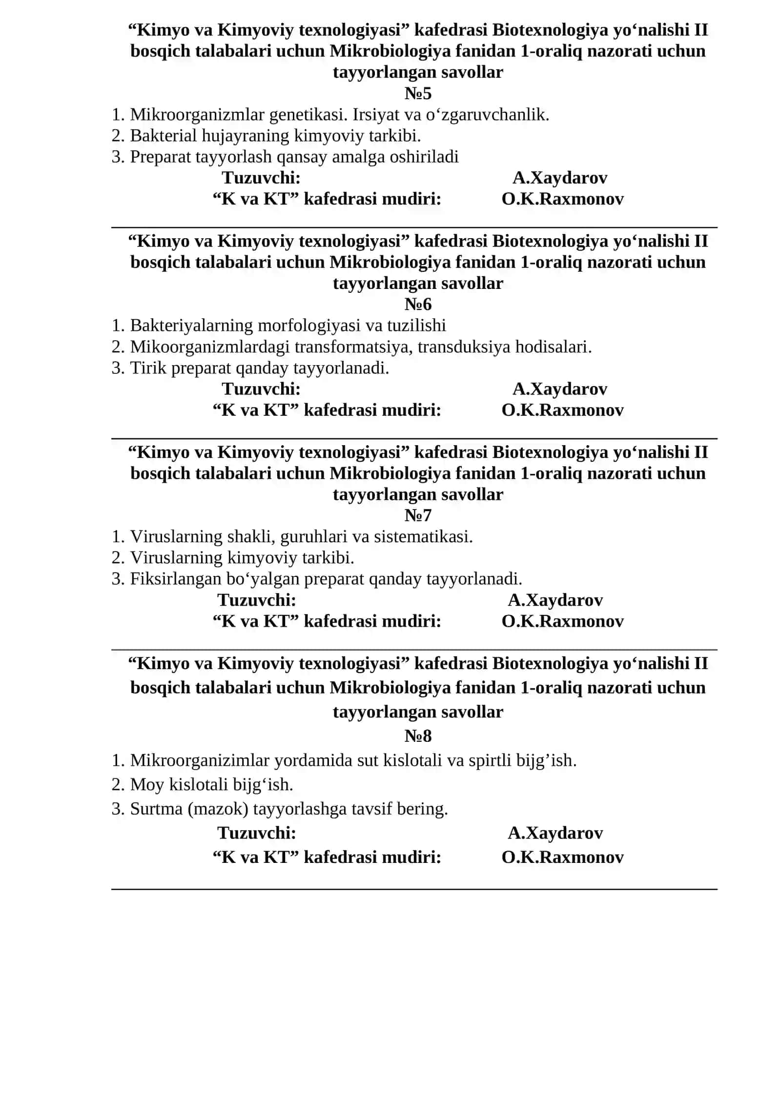Biotexnologiya yo‘nalishi II bosqich talabalari uchun Mikrobiologiya fanidan 1-oraliq nazorati uchun tayyorlangan savollar 2