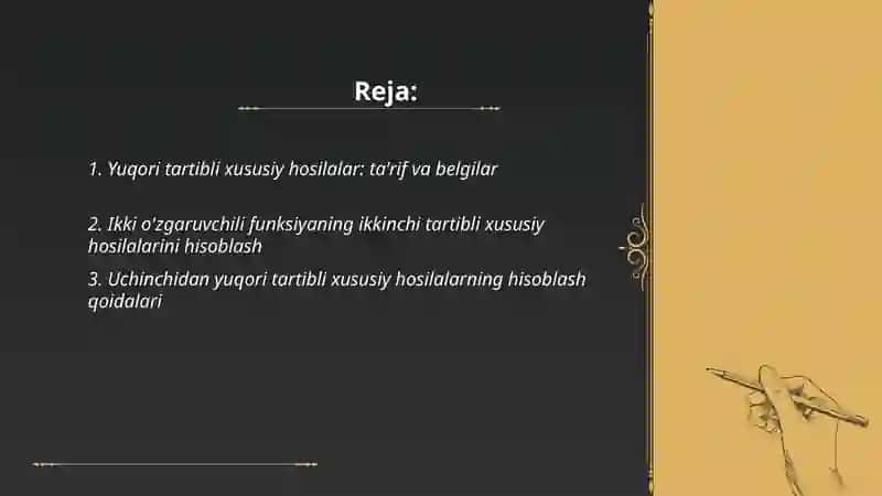 Yuqori tartibli xususiy hosilalar.Ikki o'zgaruvchili funksiyaning ekstremum qiymati 2
