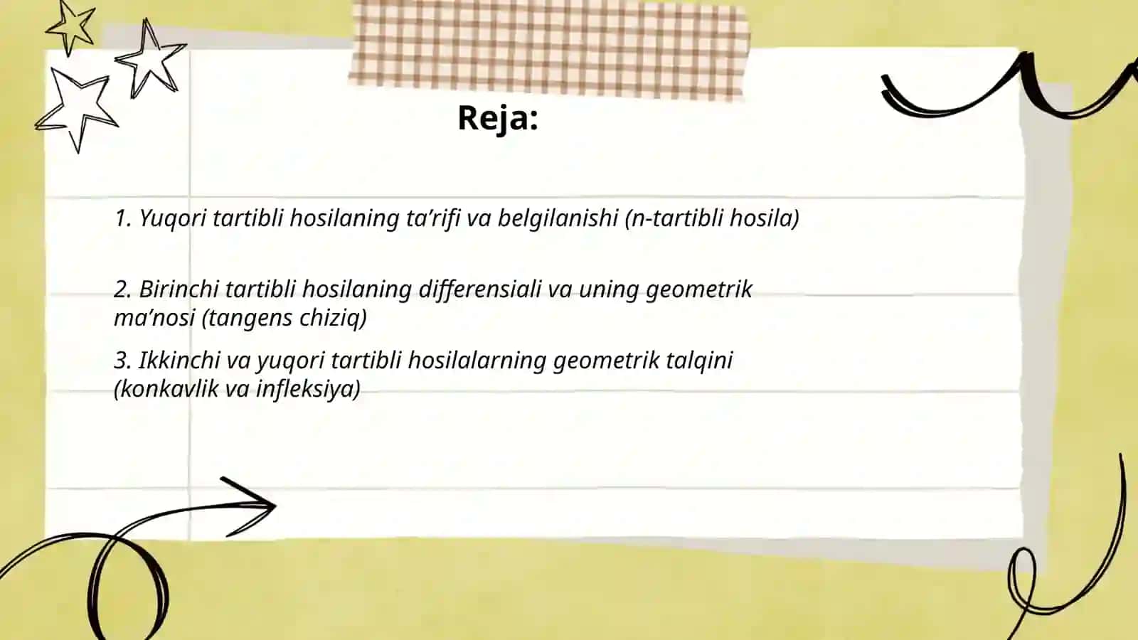Yuqori tartibli hosilalar, funksiyaning differensiali, geometrik ma'nosi, xossalari 2