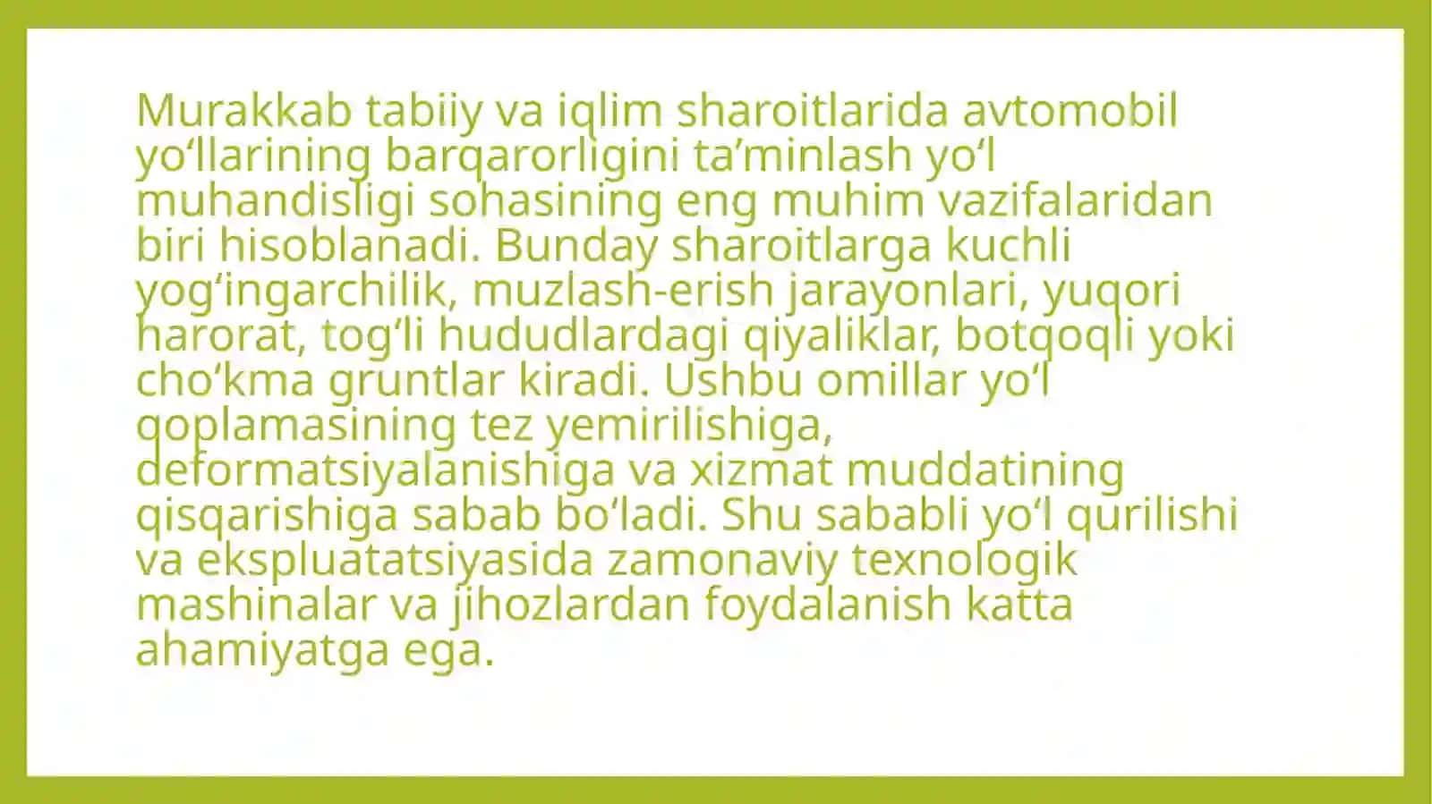 Murakkab sharoitlarda avtomobil yo‘llarining barqarorligini ta’minlashda yo‘l muhandisligi texnologik mashinalari va jihozlari foydalanish 2