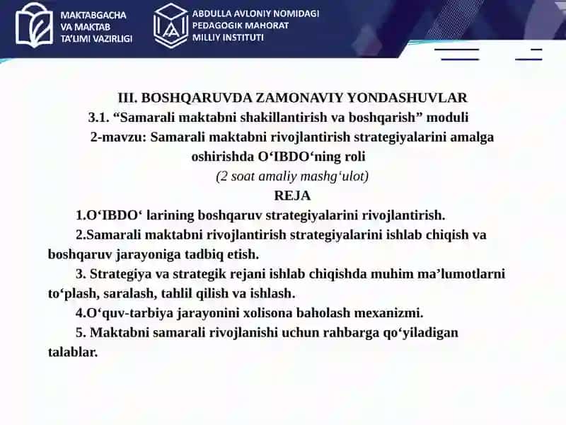 Samarali maktabni rivojlantirish strategiyalarini amalga oshirishda. 2