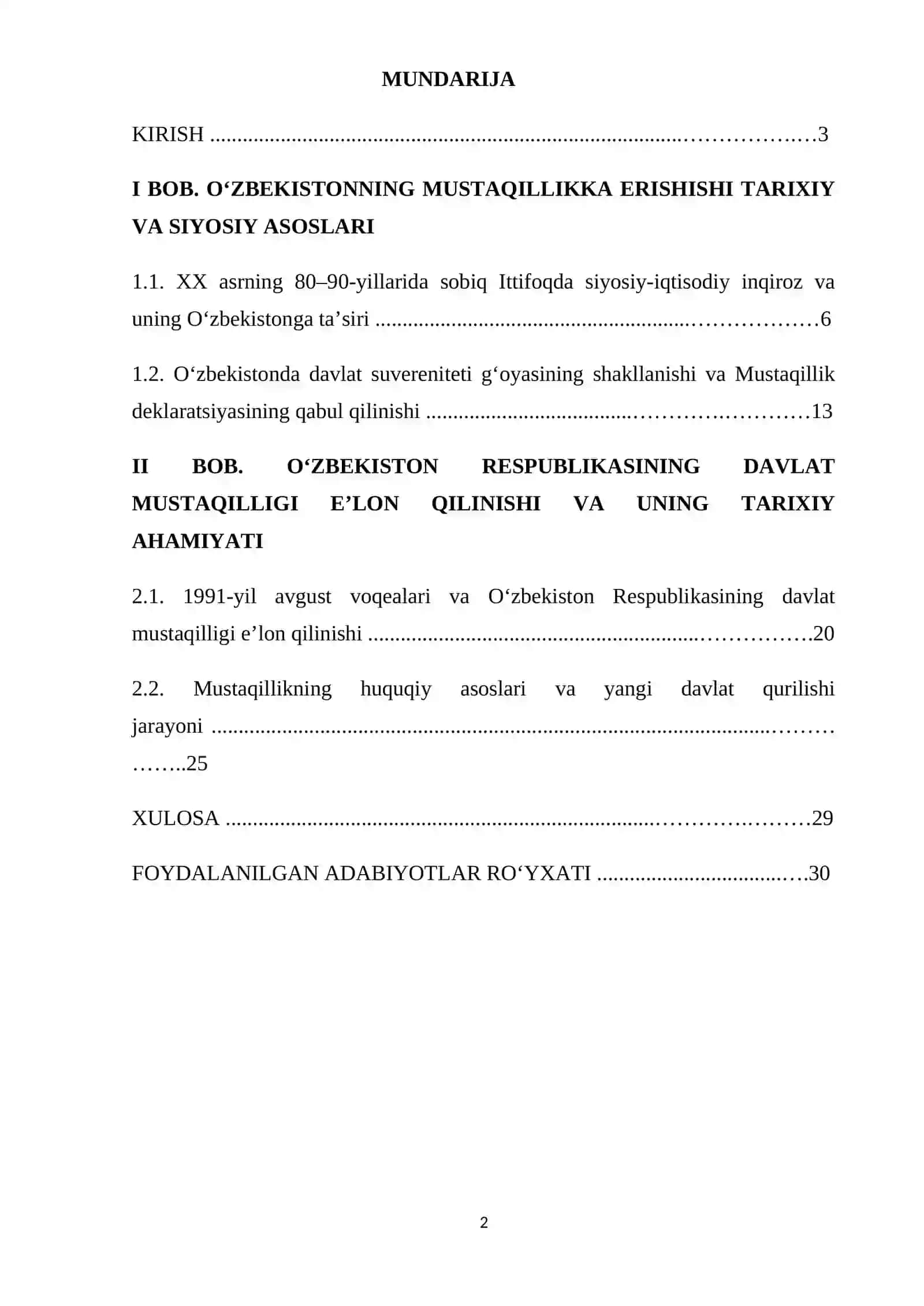 "O‘ZBEKISTONNING MUSTAQILLIKKA ERISHISHI" KURS ISHI 2