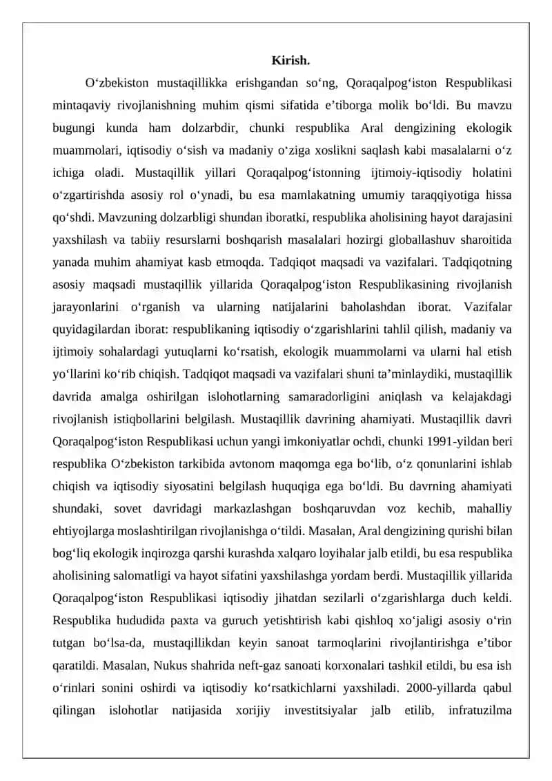 Qoraqalpog’iston Respublikasining Mustaqillik Yillarida Rivojlanishi 2