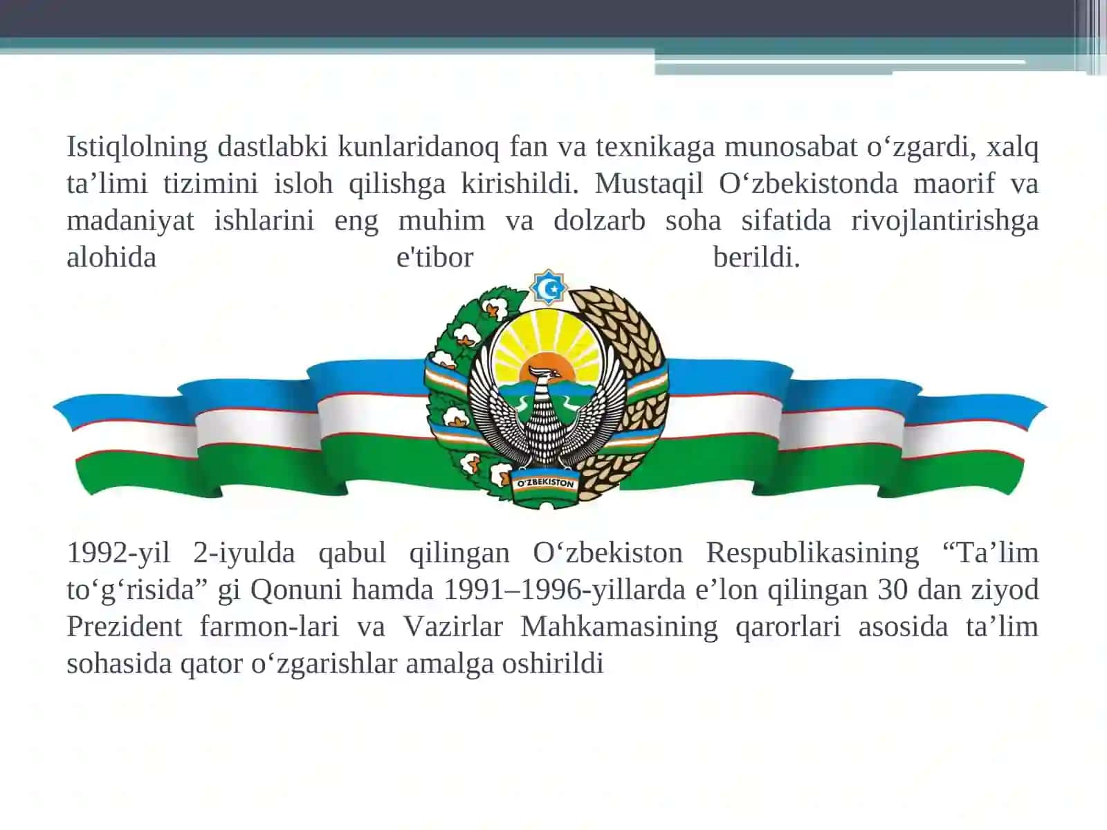 Mustaqillik yillarida O‘zbekiston Respublikasida ta’lim sohasida amalga oshirilgan o‘zgarishlar 2
