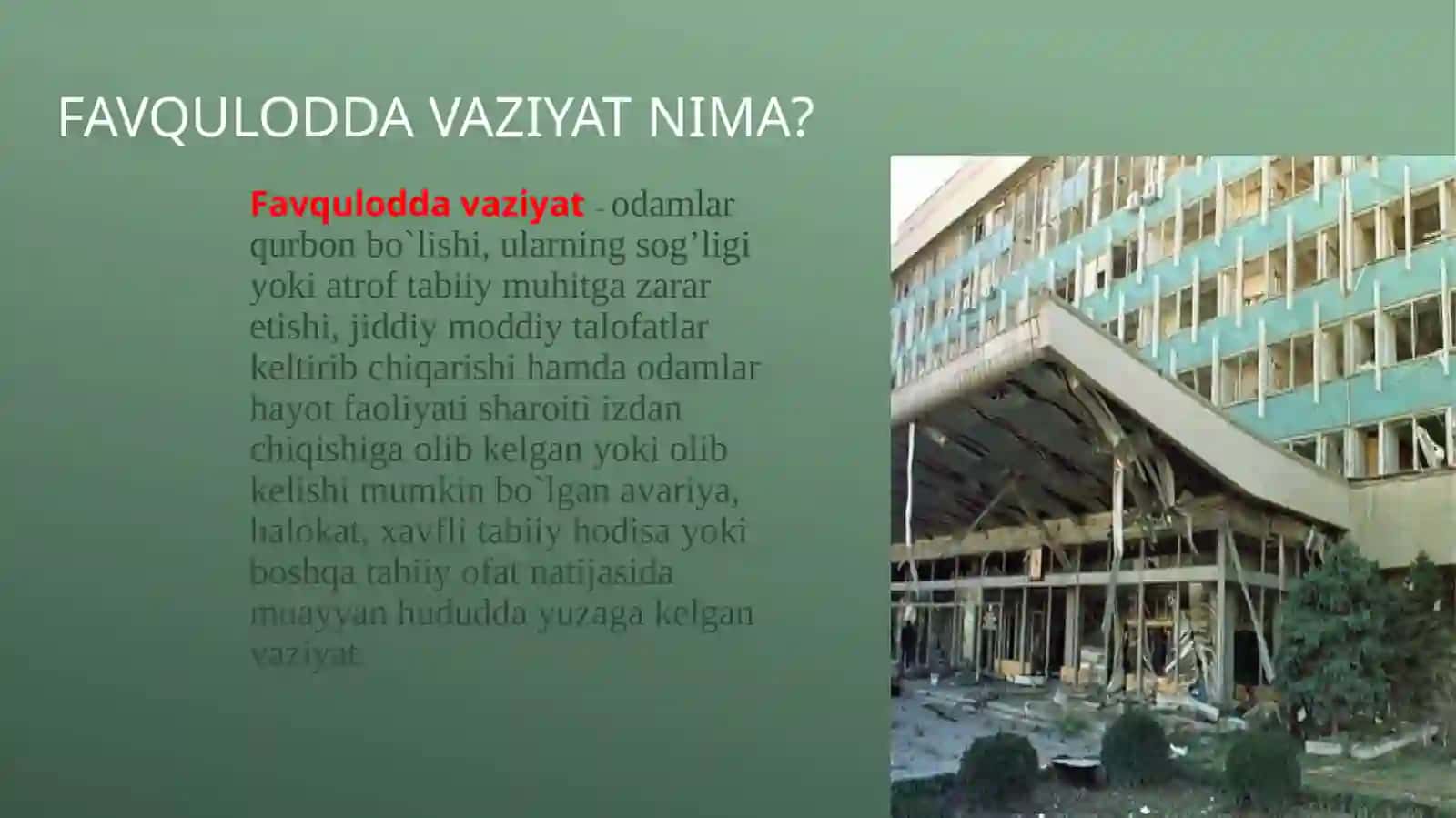 Tabiiy, texnogen, ekologik va ijtimoiy tushlar dagi favqulot davaziyatlari haqida 2