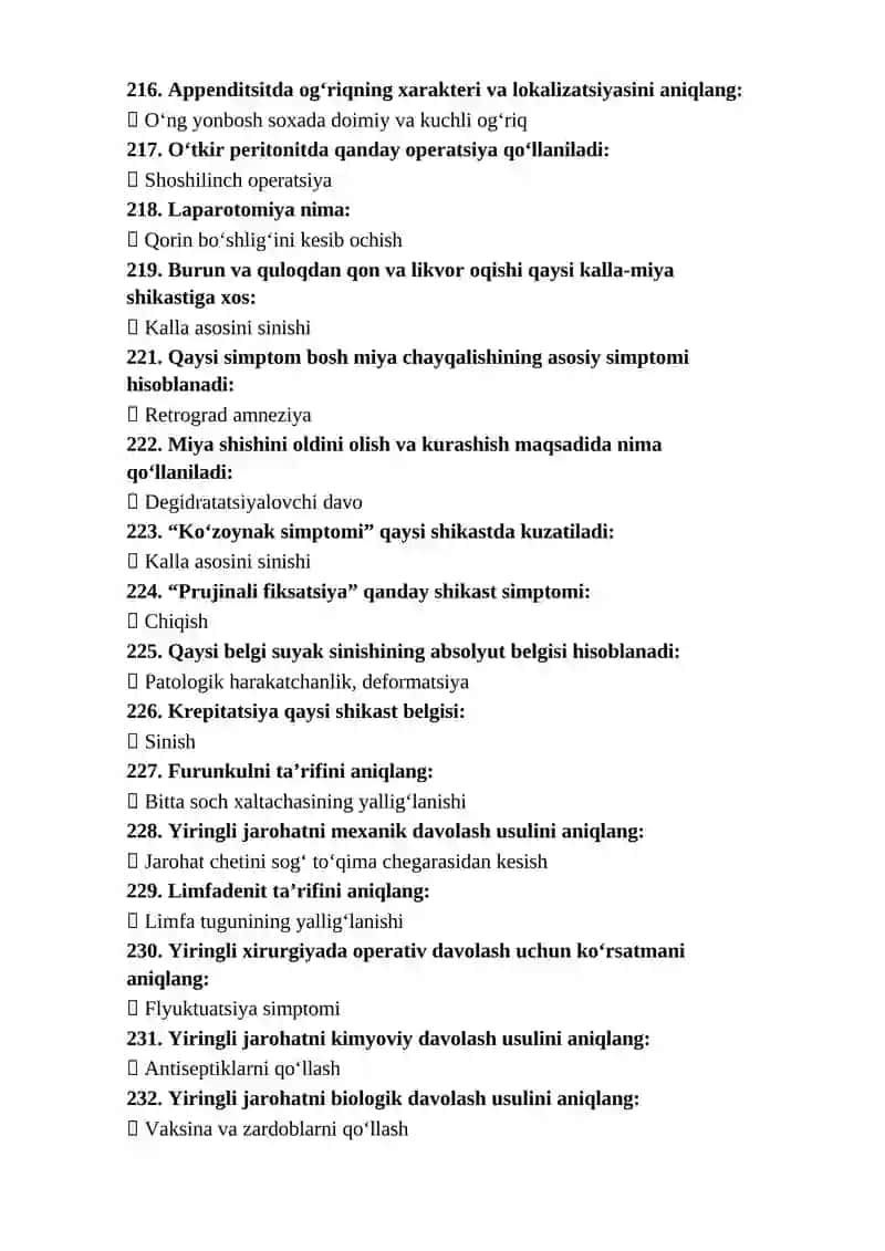 Oliy hamshiralik ishi mutaxassisligi bo‘yicha shakllantirilgan test savollari ro‘yxati 2026-yil 2