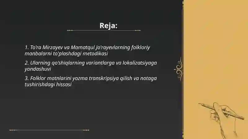 To'ra Mirzayev va Mamatqul Jo'rayevlarning o'zbek folklorshunosligiga qo'shgan hissasi 2
