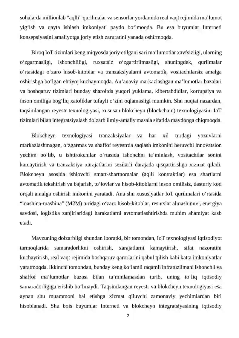 Buyumlar interneti. Ma`lumotni saqlash uchun taqsimlangan reyestr texnologiyasining iqtisodiy asoslari. (BLOSKCHEYN) 2