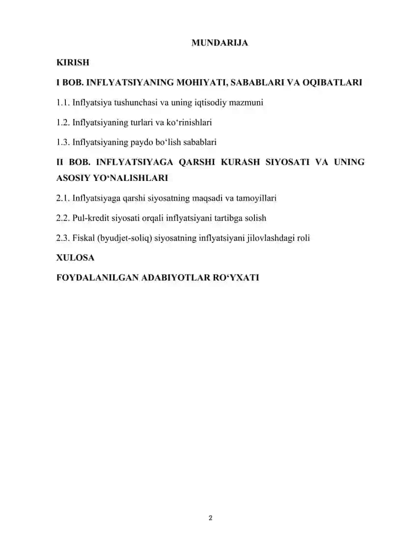 Inflyatsiyaga qarshi kurash siyosati va uning asosiy yo'nalishlari. 2